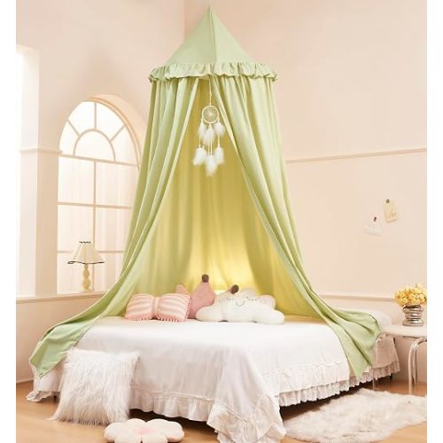 Akiky Kids Bed Canopy for Crib & Twin Size with Ruffles Dreamcatcher, Boys Princess Girls Nursery Room Decor Toddler Baby Dome Round Hanging Tent Curtains Skirt Over Bed Reading Nook Play Tents Green