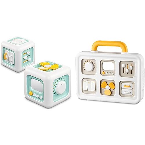 Busy Toys, 1 Green Busy Cube & 1 Busy Activity Board, Learning Fine Motor Skills for 1 Year Old