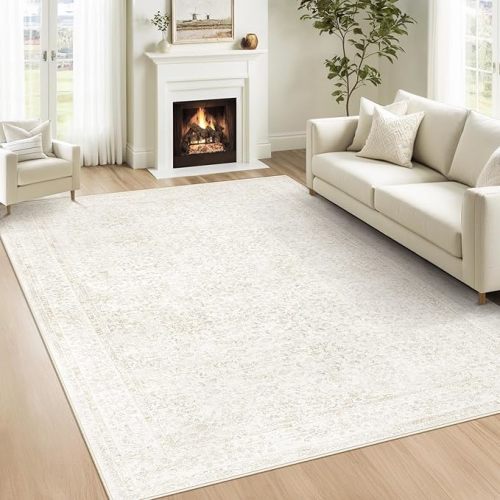 Bedroom Rug Washable Large Area Rugs Foldable Low Pile Print Non Slip Boho Patterned Rugs for Bedroom Living Room Dining Home Office (Floral Beige, 5'x7')
