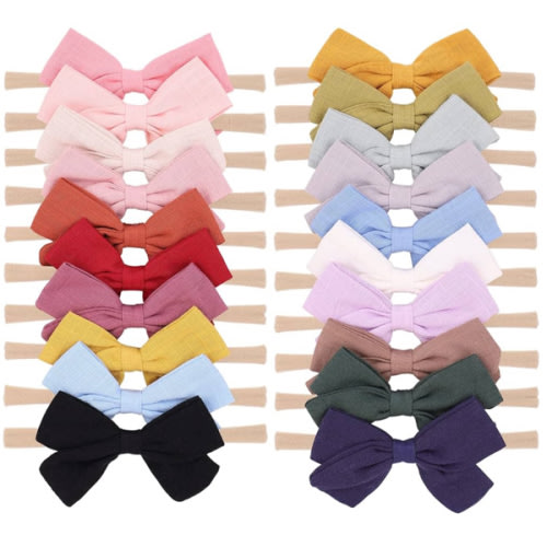 jollybows 20pcs Baby Girls Nylon Hair Bows Headbands Linen Hair Bands Elastic Hair Accessories for Kids Infants Newborn