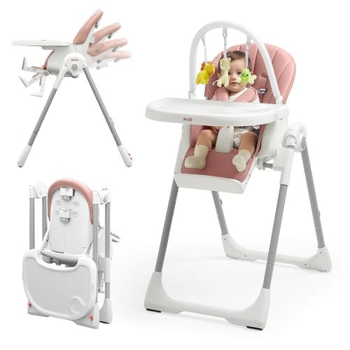 KÜB 3-in-1 Foldable Baby High Chair, 7 Height & 4 Recline Adjustable Seat & Tray for Easy Clean, 2 Locking Wheels, Multifunctional Infant High Chairs for Babies and Toddlers (Pink, with Toys)