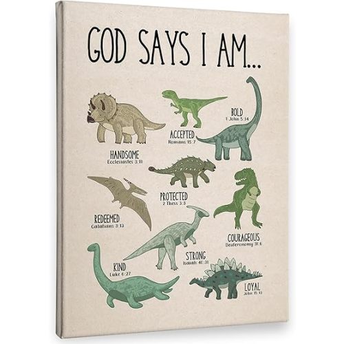 PHAMTE Christian Dinosaur Wall Art Decor Canvas, God Says I Am Bible Verse Dino Pictures Wall Decor Decorations Art, Dinosaur Scripture Framed Prints Artwork for Boys Kids Room Bedroom Playroom 11x14