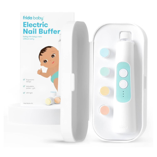Frida Baby Electric Nail Buffer | Safe + Easy Baby Nail File, Baby Nail Clippers + Nail Trimmer Kit for Newborn, Toddler, Children's Fingernails/Toenails, 4 Buffer Pads, LED Light, Storage Case, White