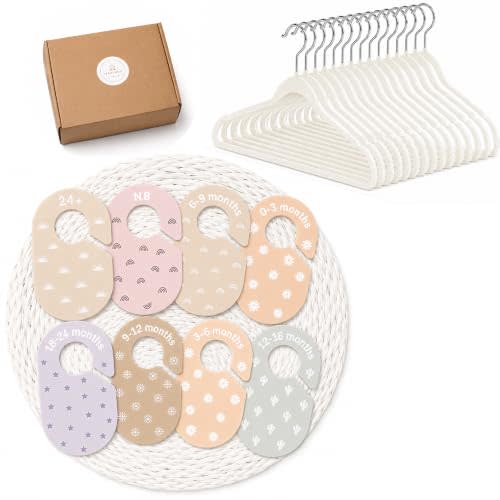 Baby Velvet Hangers & Closet Dividers, 23-Piece Nursery Set, Beige | 23-piece nursery set with 15 velvet non-slip hangers and 8 double-sided size dividers for newborn–24 months organization.
