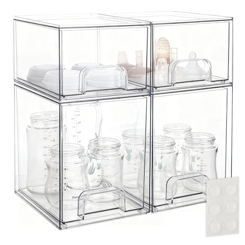 Baby Bottle Storage Organizer - Acrylic Storage Containers, Clear Stackable Drawer Baby Bottle Station Organizer for Countertop Cabinet, BPA-Free, Lead-Free (2 Small+2 High, Clear)
