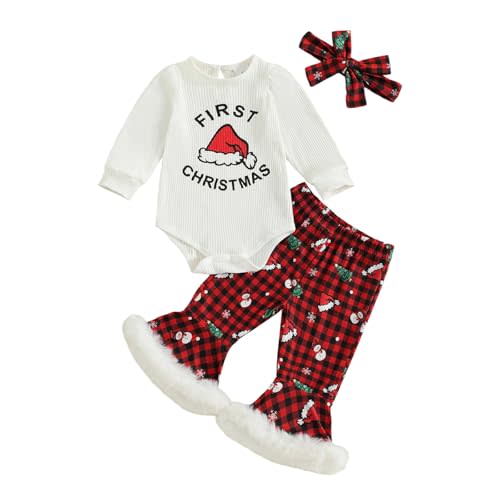 Springcmy Baby Girl My First Valentines Day Outfit Long Sleeve Romper Tops+ Flare Bell Bottom Pants+Headband 3Pcs Clothes Set