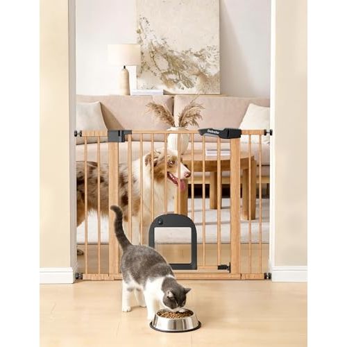 Babelio Baby Gate with Adjustable Cat Door, CatPrivilege III, 29-43" | Auto-Close, Pressure Mounted, Dual Lock, Durable Dog Gate For Stairs & Doorways, Keeps Pets Contained, Wood Pattern