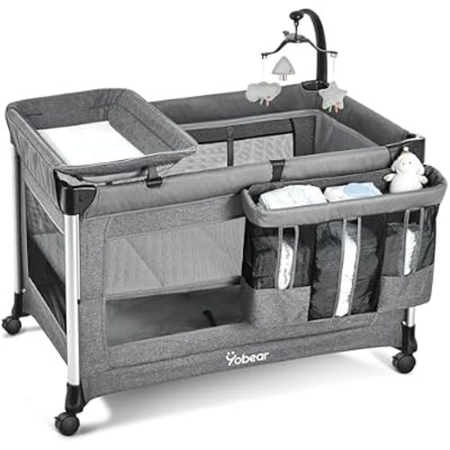 Yobear 4-in-1 Baby Bassinet with Mattress, Baby Playard with One-Push Setup, Bedside Crib with Diaper Changer, Wheels and Storage Organizer for Newborn to Toddler, Grey