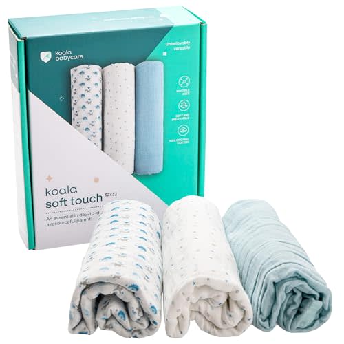 Koala Babycare Organic Muslin Swaddle Blankets for Newborns – GOTS & Oeko-TEX Certified - 3 Pack Soft Cotton Baby Blanket 32 x32 inches - Lightweight, Breathable, and Safe for Boys and Girls