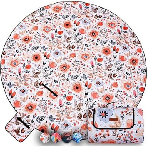 79" Round Picnic Blanket Waterproof - Extra Large - Park Blankets Waterproof Foldable - Outdoor Mat for Grass, Beach or Park - Outside Round Baby Playmat for Family, Kids and Camping