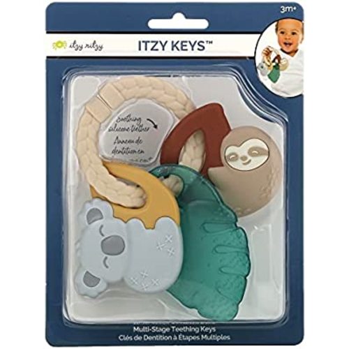 Itzy Ritzy Teething Keys - Feature A Braided Texture Ring & Keys with Mixed Textures, Includes A Water-Filled Leaf, Silicone Sloth & Koala Teether Toy, Tropical