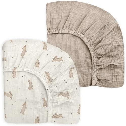 Mini Crib Sheets for Baby Boy Girl 2 Pack, Neutral Mini Crib Mattress Sheet 24" x 38", Muslin Nursery Bedding Soft and Breathable Comfort (Hopping Bunnies & Beige)