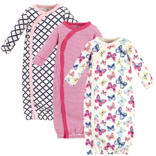 Touched by Nature Baby Girl Organic Cotton Side-Closure Snap Long-Sleeve Gowns 3 Pack, Bright Butterflies