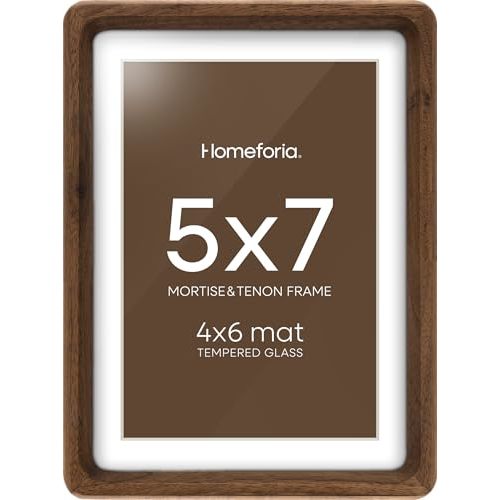 Homeforia 5x7 Picture Frame Brown Wood, Mortise & Tenon Dark Wooden 5 x 7 Photo Frames with Mat 4 x 6 for Wall or Tabletop, 5by7 Walnut Frame Matted to 4x6 inch Art, Tempered Glass, Wall Kit, Set of 1