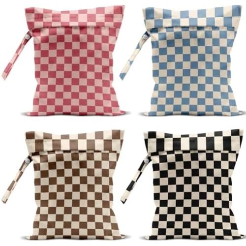 4 Pack Cute Wet Bag Waterproof Washable Reusable Wet Dry Bag for Swimsuit Dirty Clothes Cloth Diaper Travel Pool Yoga Gym Party Camping Toiletries Travel Beach Essentials, Colorful Checkered