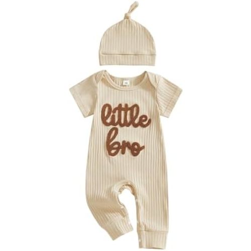 Newborn Boy Clothes Summer Little Brother Outfits Ribbed Crewneck Short Sleeve Letter Embroidery Jumpsuit with Hat