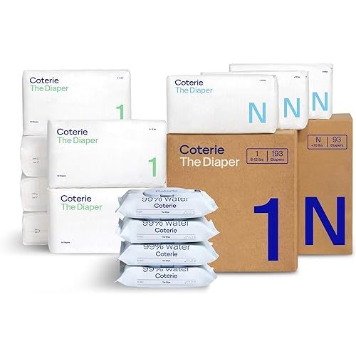 Coterie Baby Wipes + Diapers Kit, Size 1 (198 Count) & Size Newborn Diapers (93 Count), 4 Pack (224) Wipes with 99% Water, Plant Based Materials, Hypoallergenic for Sensitive Skin, Baby Essentials