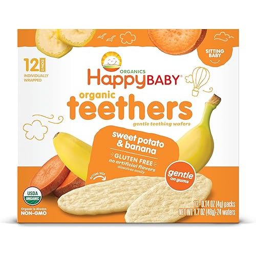 Happy Baby Gentle Teethers Organic Teething Wafers Blueberry Purple Carrot, 0.14 Ounce Packets (Box of 12) Soothing Rice Cookies for Teething Babies Dissolves Easily, Gluten Free No Artificial Flavor