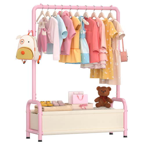 UNTIMATY Kids Clothing Rack with Storage Shelf, Baby Garment Rack for Hanging Clothes, Kids Dress Up Rack Storage for Coats with 2 Hangers, Pink