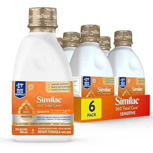 Similac 360 Total Care Sensitive Infant Formula for Fussiness & Gas Due to Lactose Sensitivity, Has 5 HMO Prebiotics, Baby Formula, Ready to Feed, 32-fl-oz Bottle, Pack of 6