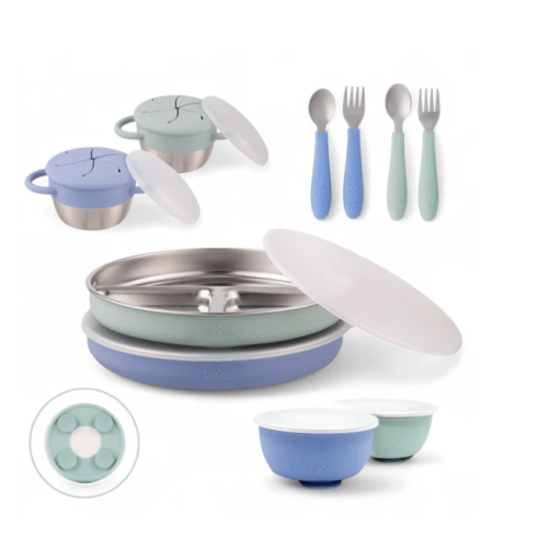 Stainless Steel Mealtime Bundle | Plates, Bowls, Snack Cups + Toddler Utensils | Suction Sleeves | Sage/MistyBlue