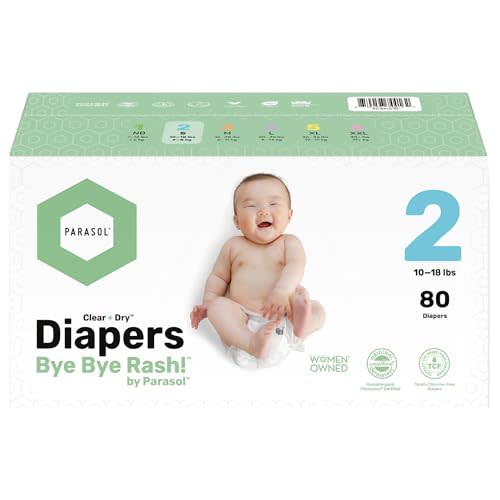 PARASOL Clear+Dry Disposable Diapers | RashShield Protection, Leakproof Design, Hypoallergenic | Size 2, (10-18 lbs) Box of 80 Count