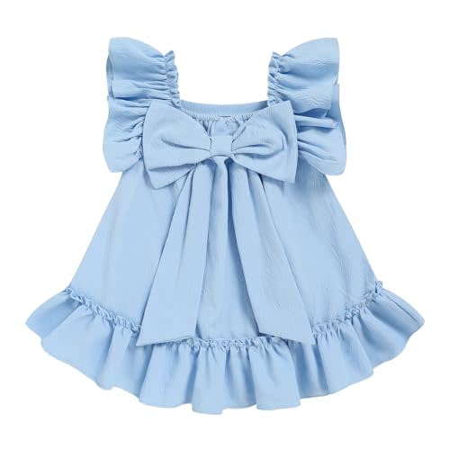 Toddler Girl Flutter Sleeve Dress, Back Bow Wrinkle Resistant Casual Outfit | Square Neck, Relaxed Fit, Soft Fabric, Machine Washable, Flowy Hem, Spring Summer Wear, Daily Special Occasions, Sizes 6M–4T