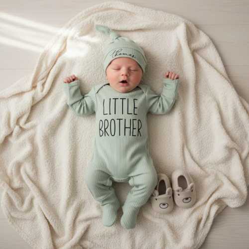 Little Brother Coming Home Outfit, Personalized Baby Boy Long Sleeve Bodysuit with Hat, Newborn Coming Home Set, Soft Cotton Spandex Onesie