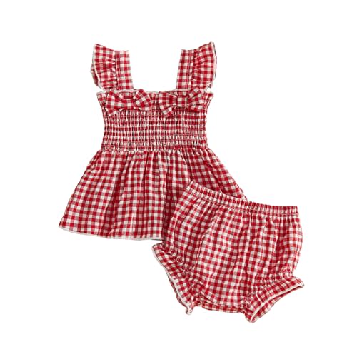 Baby Girl Summer Smocked Outfits Plaid Bowknot Tops Shorts 3 6 12 18 24 Months Infant Girls Spring Clothes Set