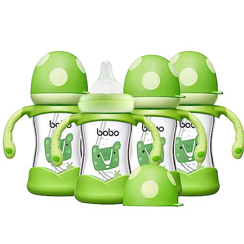 YOHKOH Natural Glass Baby Bottle with Natural Response Nipple, Wide Neck Baby Bottles with Handle, Newborn Anti-Colic Baby Bottles Gift Set, Clear (5.4oz (Pack of 4), Green)
