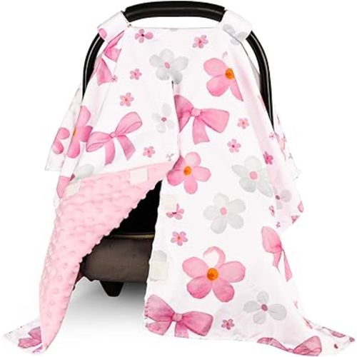 Hooyax Peekaboo Car Seat Cover for Baby Girl - Winter Warm Minky Carseat Canopy with Adjustable Opening, Universal Fit for Infant Car Seats & Strollers, Soft Nursing Cover & Blanket (Pink Bow)
