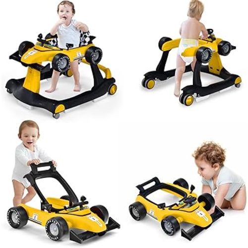 HONEY JOY 4-in-1 Baby Walker, Activity Push Walker w/3 Adjustable Heights, Smooth Wheels w/Adjustable Speed, Padded Seat, Music & Light, Foldable Car Walker for Baby Boys Girls Age 6 Months+ (Yellow)