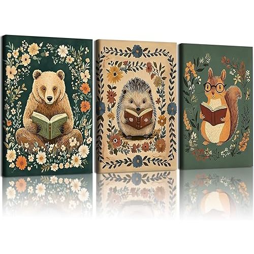 3pcs Animal Reading Canvas Wall Art Cute Woodland Animals Wall Decor Bear Hedgehog Squirrel Pictures Print Bohemian Floral Posters Paintings Suitable for Kids Room Nursery Playroom 12 x 16 Inch