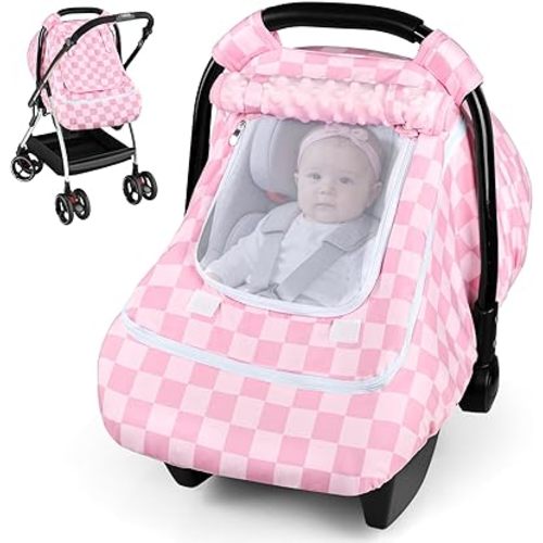 Baby Car Seat Cover with Mesh Window, Windproof Carseat Cover for Infant Girls, Infant Carseat Canopy with with Dual Zipper, Compatible with Most Baby Car Seat, Pink Checkered