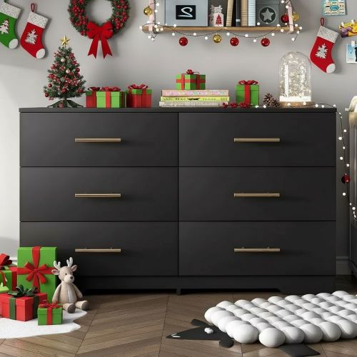 Resenkos 6-Drawer Wide Chest of Drawers, Storage Drawer Organizer, Traditional Bedroom Dresser, Sideboard Buffet for Living Room, Black