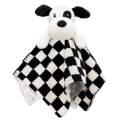 BEILIMU Baby Security Blanket for Boys Girls, High Contrast Super Soft 3D Checkerboard Gingham with Minky Dot Fabric Backing Snuggle Stuffed Animal Blankie Puppy Lovely Black 14 Inch