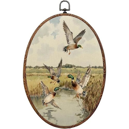 Vintage Duck Oval Framed Wall Art,Country Mallard Duck Print Canvas Art Paintings Wall Decor, Marsh Landscape Hanging Decor Artwork for Home Bedroom Office Bathroom Living Room Farmhouse 8.3X12