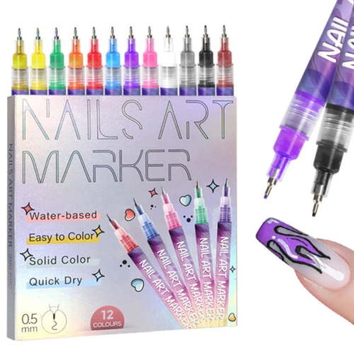 Fine Tips 3D Nail Art Pens, 12 Colors 0.5 MM Nail Marker Pens Nail Point Graffiti Dotting Drawing Painting Liner Pen for Home Salon Quickly Dry Nail Art