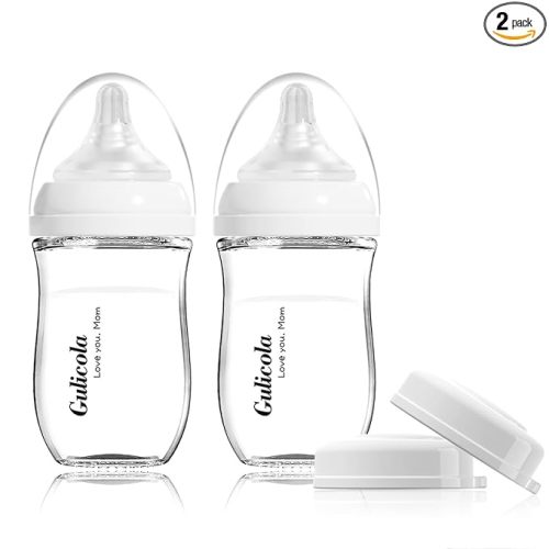 Gulicola Natural Glass Baby Bottle for Breastfeeding Babies, Newborn Anti-Colic Bottle Set with Slow Flow Nipple, 0-3 Months, 5 oz, 2 Pack - White