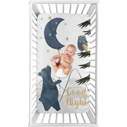 Sweet Jojo Designs Gender Neutral Photo Op Fitted Crib Sheet Bear and Moon Blue Gold and Grey