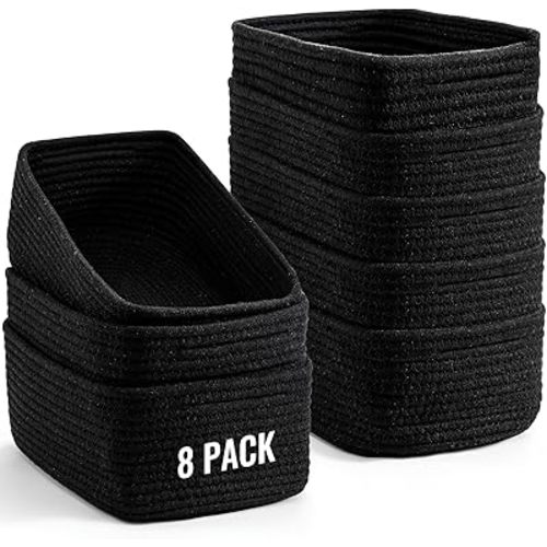 8 Pack Small Storage Baskets for Organizing, Woven Rope Bins for Bathroom, Closet, Shelf Organizer, Cute Cube Decorative Box for Towels, Baby Nursery, Toys, Gift Empty Baskets - 11.5"x7.5"x4.7"-Black