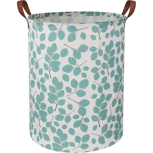 HIYAGON Laundry Baskets,Canvas Fabric Laundry Hamper,Collapsible Toy Storage Organizer Bins,Gift Basket for Bedroom, Clothes, Nursery,Kids,Boys (Eucalyptus leaves)