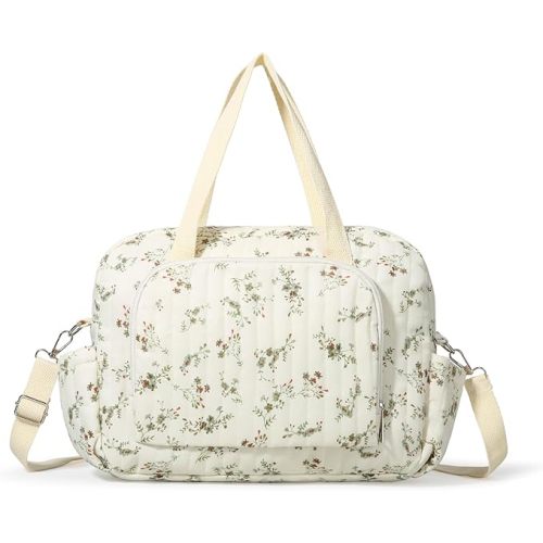 Quilted Floral Diaper Bag Tote, Large Capacity Cotton Baby Bag with Multiple Pockets