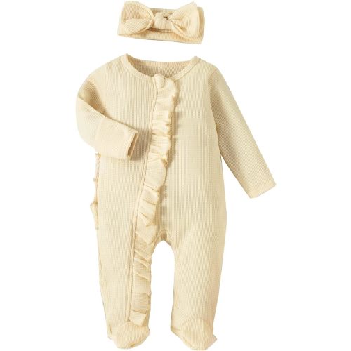 Newborn Infant Girl Footies Romper Solid Color Frills Baby Jumpsuit Zip Up Onesie Clothes Headband 0-12M