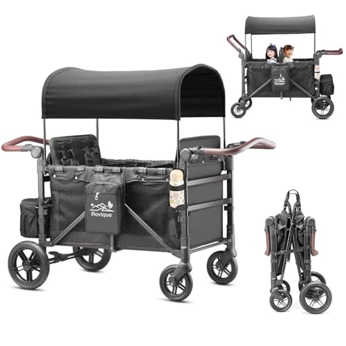 Rovique 4 Seater Wagon Stroller,Wagon Stroller for 4 Kids,Foldable (Black) | Removable Seats,All-Terrain Rubber Wheels,Removable Canopy,Snack Tray,Parent Cup Holder,5 Point Harness,Large Storage Bag