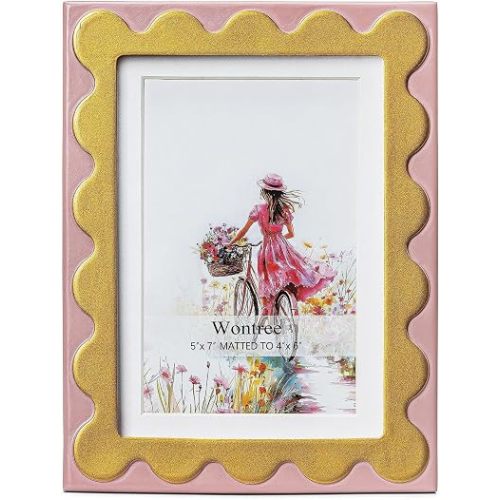 5x7 Pink Picture Frame, Resin Frame with Real Glass & Gold Wavy Trim, Display 5x7 Photos Matted to 4x6, Vertical and Horizontal Desk Tabletop or Wall Hanging