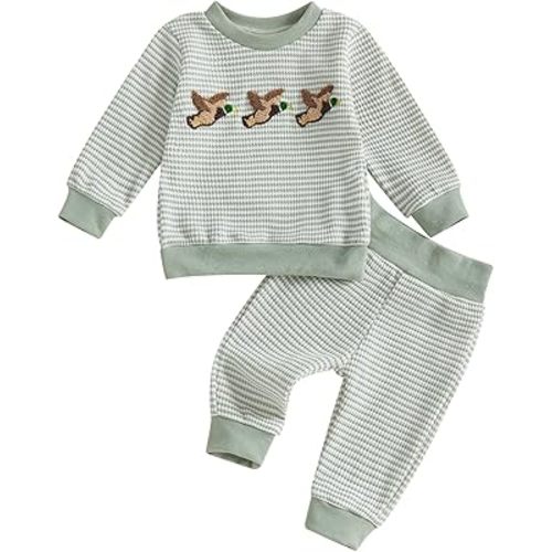 fhutpw Baby Toddler Boy Girl Fall Winter Clothes Embroidery Stripe Pullover Pants Sets Infant Long Sleeve Sweatshirt Outfits