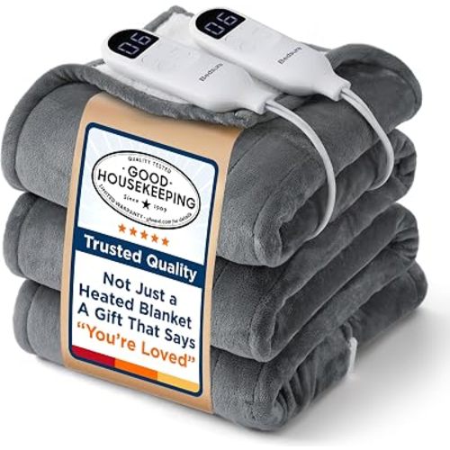 Bedsure Electric Blanket Queen Size - Dual Control Heated Blanket Queen, Fast Heating with 6 Time Settings (Up to 10H) & 6 Heat Settings, Warm Gift for Grandma (84x90 inches, Grey)