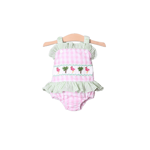 Smocked Pink Gingham Seersucker Flamingo Swimsuit