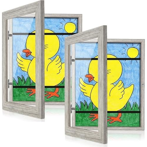 [2-Pack] Kids Art Frames, 8.5x11 Front Opening Kids Artwork Frames Changeable, Grey Wood Grain Artwork Display Storage Frame for Wall, Holds 50 Pcs, for 3D Picture, Crafts, Children Drawing, Hanging